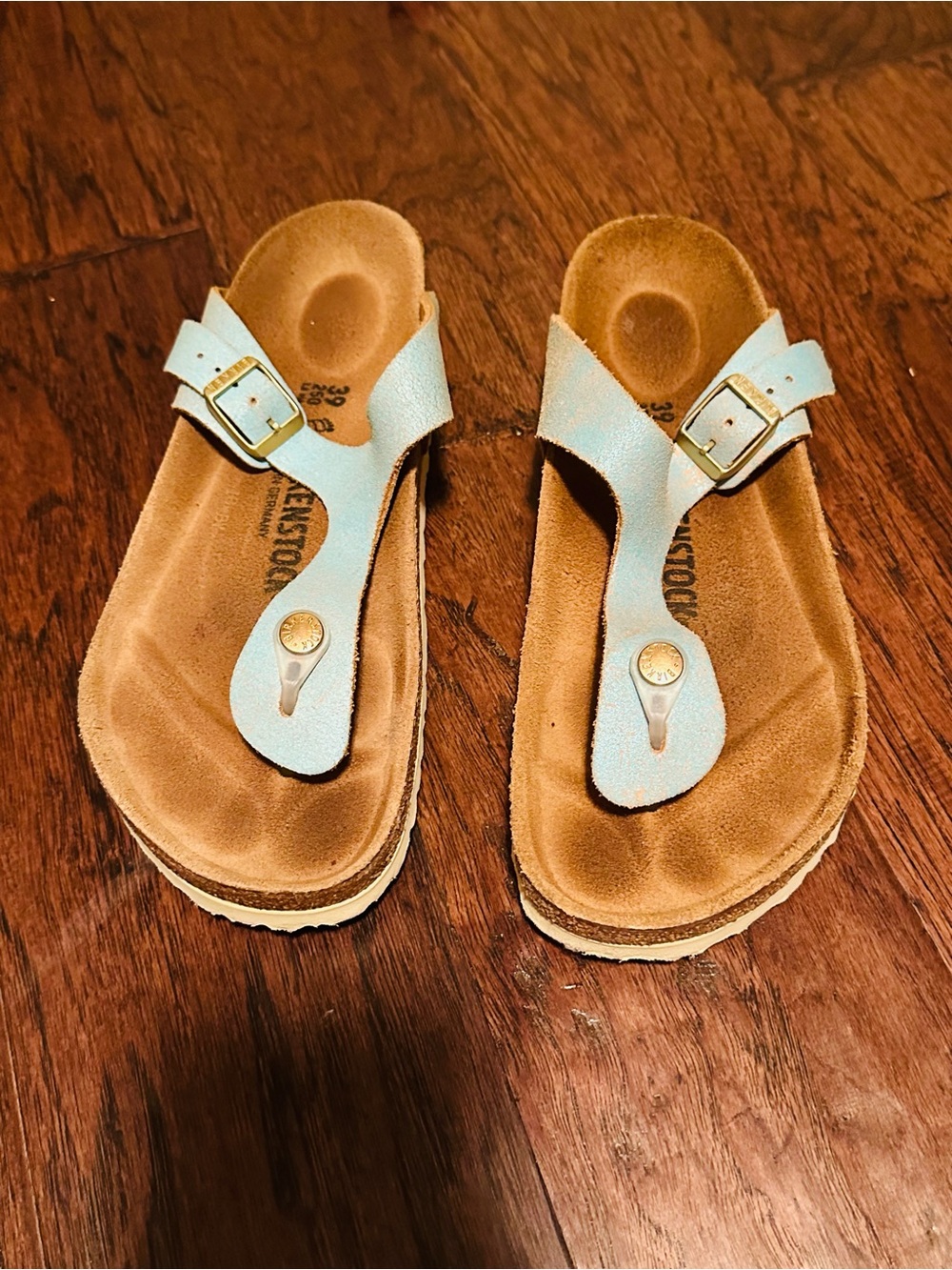 Ladies Birkenstocks Light Blue Toe-Post Sandals with Buckle